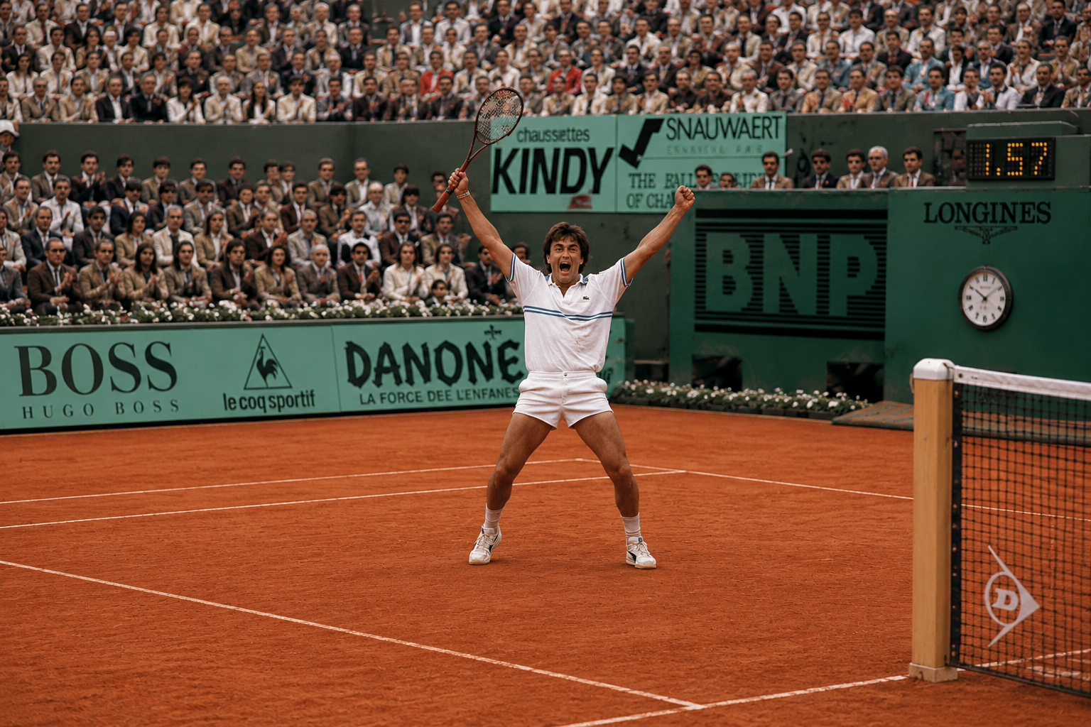 Henri Leconte, bras levés et raquette au ciel, célébration sur terre battue